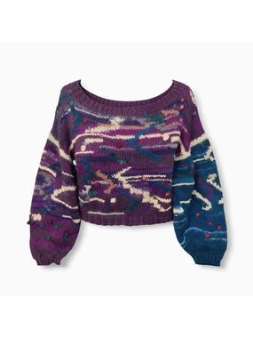 Vintage Hand Knit Irish Wool 90s Colorblock Bobble Sweater Balloon Sleeve Medium